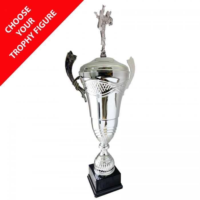 LARGE SILVER METAL HANDLED TROPHY CUP WITH METAL FIGURE AVAILABLE IN 3 SIZES